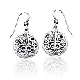 Ancient Tree of Life with Sun and Moon Symbol Round Filigree Sterling Silver Earrings