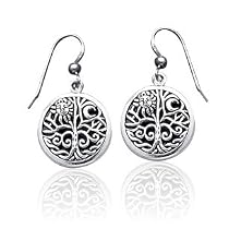 Ancient Tree of Life with Sun and Moon Symbol Round Filigree Sterling Silver Earrings