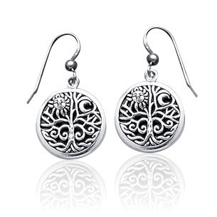 Ancient Tree of Life with Sun and Moon Symbol Round Filigree Sterling Silver Earrings