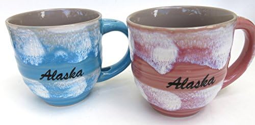 Alaska, Fathers Gift, Unique Ceramic Blue Pink Coffee Mug and Ceramic Spoon Set , Hand Crafted, Jumbo 15 Oz, Set of Two, Blue and Pink