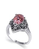 Nickel Free Sterling Silver Teardrop Shaped Pink Cubic Zirconia Polished Finished Marcasite Band Ring Size 5, 6, 7, 8, 9, 10