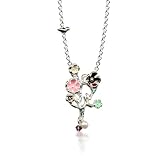 Sterling Silver Pink, Brown, Ivory and Light Green Enamel Flowers with Purple Bead and Freshwater Cultured Pearl On Tree Branch Necklace, 18