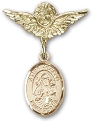 14K Gold Baby Badge with St. Joseph Charm and Angel with Wings Badge Pin