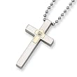 Stainless Steel and 14K Gold Diamond Cross Necklace on 24 Inch Bead Chain