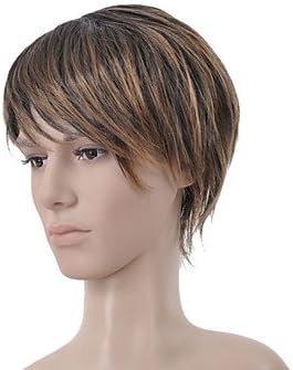 Acewill Short Straight Dark Brown with Golden Brown Side Bang Men Hair Wig