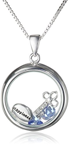 Sterling Silver Crystal ‘Happiness’ Looking Glass Round Sentiment Necklace