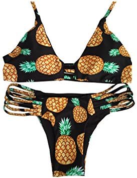 Retro Pineapple Women's Flower Printed High Neck Bikini Set Swimsuit S(US2-4)