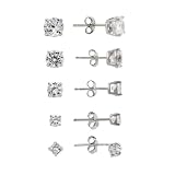 Sterling Silver 5-Pair Round CZ Stud Earrings Set