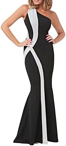 Fecland Women's Elegant Evening One Shoulder Mermaid Floor Gown Dress Black White One size