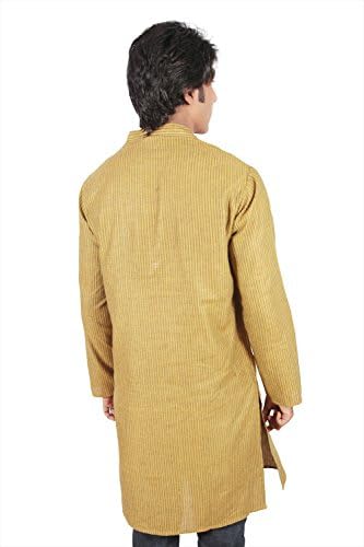 Indian Clothing Men's Long Kurta Tunic Banded Collar with Stripe Pattern; Large; Yellow-Black