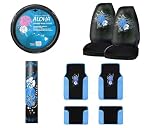 7-Piece Hawaii Aloha Blue Automotive Interior Gift Set - 4 Universal Fit Plush Carpet with Vinyl Trim Floor Mats For Cars / Trucks, 2 Universal-fit Front Bucket Seat Covers and One Comfort Grip Steering Wheel Cover