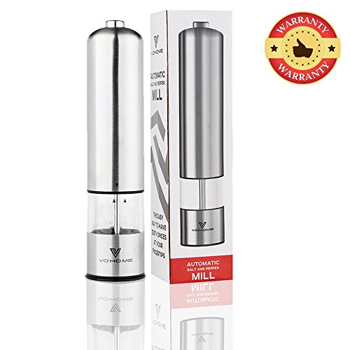 VD-Home Deluxe Electric Pepper Grinder, Battery Powered, LED Light - Brushed Stainless Steel & Ceramic Blades | One Touch Operation | Gift Box