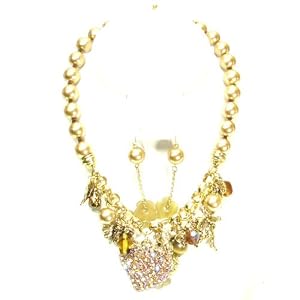 Faux Pearl Copper tone multiple charms chocker necklace neck chain with Crystals earring gift set