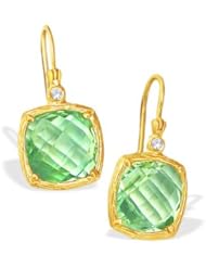 14K Yellow Gold Green Amethyst Cushion Dangle Earrings