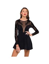 Polyester/Spandex Plunging Neck Mesh Embroidered Skater Dress 
