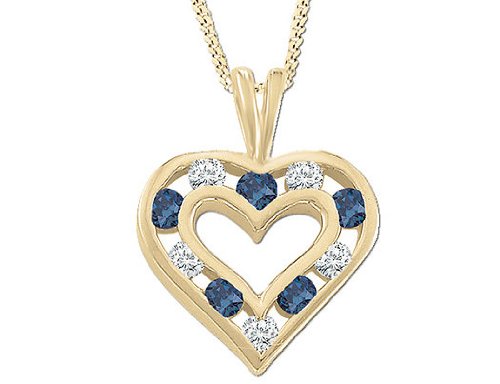 Sapphire Heart Pendant with Diamonds in 14K Yellow Gold (approx. 1/2 inch) with Chain
