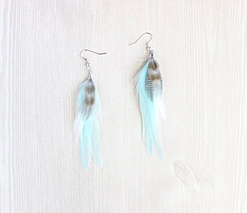 Aquamarine &amp; Natural Tan Feather Earrings in Silver