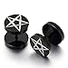 Black Stainless Steel Mens Pentagram Stud Earrings, Cheater Fake Ear Plugs Gauges Illusion Tunnel 2 Pcs