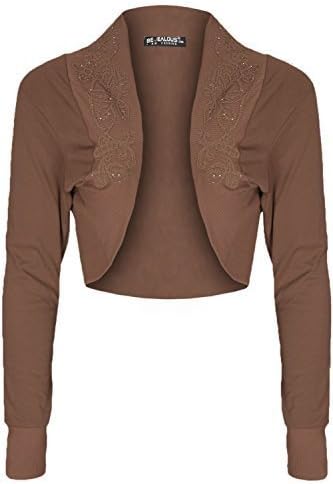 Womens Ladies Diamantes Bead Stud Stretchy Cotton Bolero Cardigan Shrug Crop Top