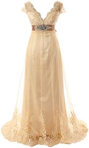 Diyouth Long Chiffon Lace V Neck Wedding Dress Bowknot Belt