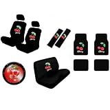 15 Piece Auto Interior Gift Set - Cherry - 2 Front Seat Covers (2 Front and 2 Bottom), 2 Headrest Covers, 2 Seat Belt Shoulder Pads, 1 Steering Wheel Cover, 1 Bench Seat Cover (1 Top and 1 Bottom), 4 Floor Mats (2 Front and 2 Rear)