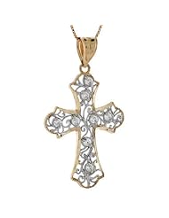 10k Two Tone Gold Cross Religious Filigree CZ Pendant