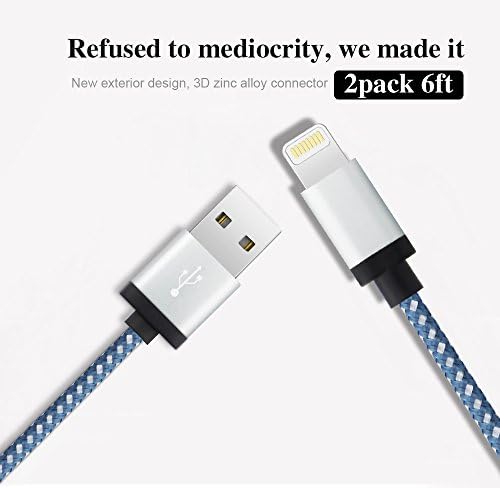 Powervoll 2Pcs 6Ft Nylon Braided Phone Charger, Charger Cable, Charging Cord, Lighting to USB Cable for iPhone 7 7 Plus 6S 6S 6 6 Plus Plus 5S 5C 5 SE iPad Air Mini iPad 4th iPod (Blue)