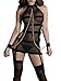 FasiCat Sexy Banded Lingerie Bondage Dress Lace Mesh Teddy with Strap and Chain, Black, One Size