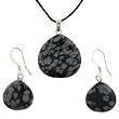 Snowflake Obsidian Briolette Shaped Pendant and Earrings Set - 22mm Pendant, 16mm Earrings - Adjustable Cord Necklace