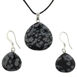 Snowflake Obsidian Briolette Shaped Pendant and Earrings Set - 22mm Pendant, 16mm Earrings - Adjustable Cord Necklace