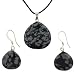 Snowflake Obsidian Briolette Shaped Pendant and Earrings Set - 22mm Pendant, 16mm Earrings - Adjustable Cord Necklace