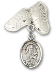 Sterling Silver Baby Badge with St. Therese of Lisieux Charm and Baby Boots Pin