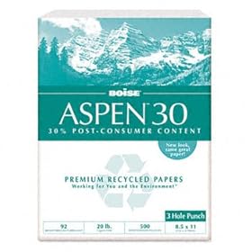 New-Boise 054901P - ASPEN 30% Recycled Office Paper, 3-Hole, 92 Bright, 20lb, Ltr, White, 5000/Ctn - CAS054901P