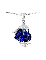 Original Star K (tm) Loving Mother and Child Dolphin Pendant with Heart Shape Simulated Sapphire in 925 Sterling Silver