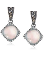 Sterling Silver Oxidized Marcasite, White Shell and Crystal Cushion Cut Drop Earrings