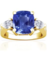 18K Yellow Gold Cushion Cut Blue Sapphire Three Stone Ring