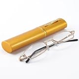 Stylish Ultra Light Compact Gold Polished Frame Unisex Men Women Eyewear Spring Hinge Reading Glasses with Pocket Clip Aluminum Tube Travel Storage Case Holder +3.00