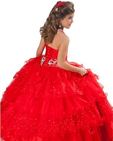 Xiannv Girls' Halter Jewelled Floor Length Organza Flower Girl Dresse (8, Red)