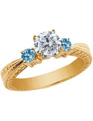 1.30 Ct Round H/I Diamond Swiss Blue Topaz 14K Yellow Gold 3-Stone Ring