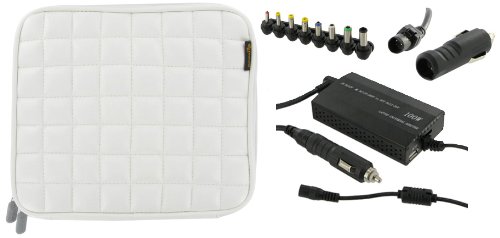 rooCase 4n1 Combo – ASUS Eee PC 900 8.9-Inch Memory Foam Netbook Slip Case with AC and DC Adapter Charger Home / Car / Airplane – Square Design White