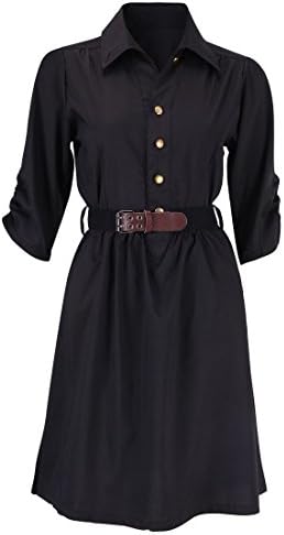 Qooth Women's Summer Half Sleeve Polyster Casual Shirtdress Dress (M, Black)