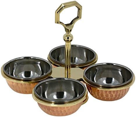 YourEshop Copper Steel Serveware Utensil Pickle Condiment Holder Four Bowls Set Tableware