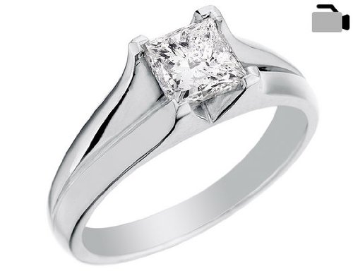 Engagement Ring: 18K Pure White Gold 1 Carat (ctw) Diamond Princess Cut Solitaire