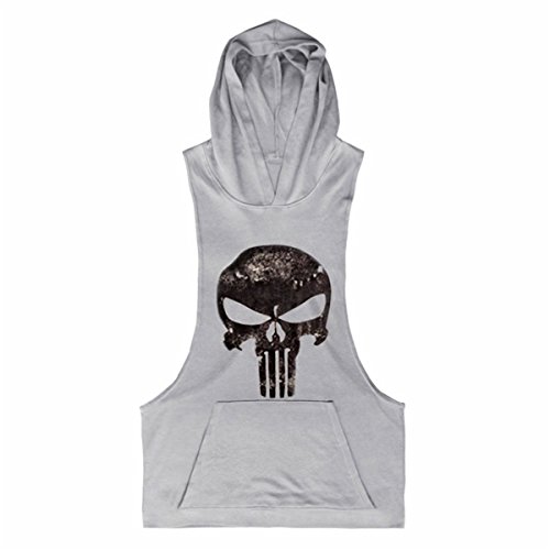 Seven Joe Skull Print Bodybuilding Stringer Hoodie Gym Tank Top Pullover Hoodie (Medium, Gray)