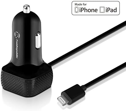 Tek Republic TCC-300 Apple MFi Certified 6.6 Amp Lightning Car Charger for iPhone, iPad and iPod - with Built-in Apple Certificated 3.3 feet / 1 meter Lightning cable