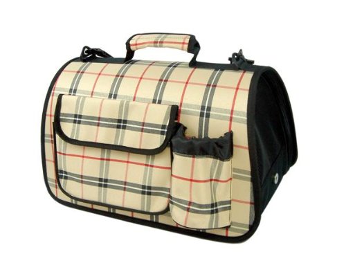 Pet Carrier - Dog Carrier - Folding Zippered Casual Carrier w Bottle Holder in Plaid -Medium