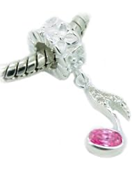 .925 Sterling Silver " Music Note Dangle w/ Clear & Pink Cubic Zirconia Dangle " Charm Bead Compatible with Pandora Chamilia Kay Troll Bracelet