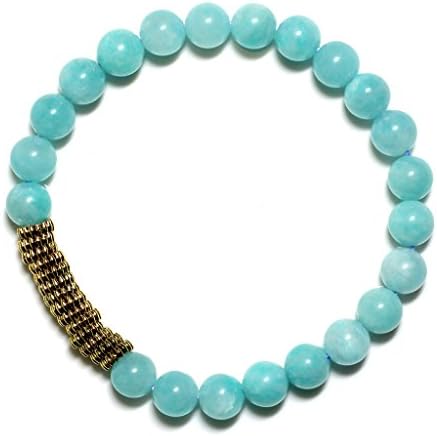 Raviga Handmade Gemstone Stretch Beaded Bracelet with Round Shaped Alloy Amazonite Medium