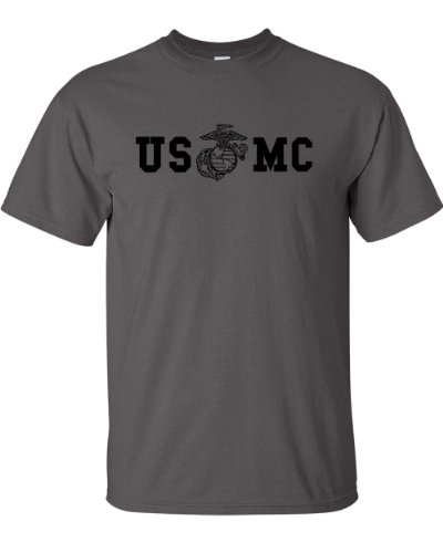 Marine Corps Bull Dog Front and Back Premium Men's T-Shirt (Small, Charcoal)