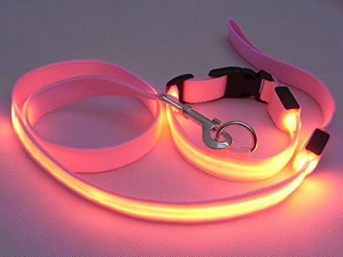 LED High Visibility Flashing Lights Nylon Pet Dog Puppy Pup Night Safty Collar and Leash (set)-Width 2.5cm (0.78 Inch) S#(Pink)